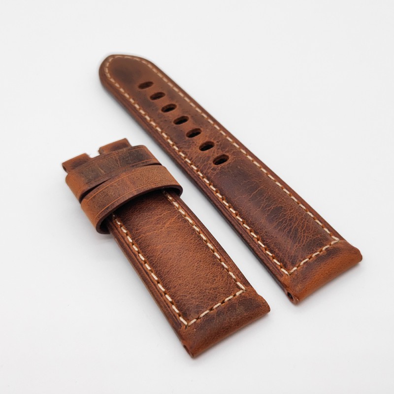 24mm - 22mm Brown Red Waxy Crack Calf Leather Strap for PAM RADIOMIR LUMINOR Watch